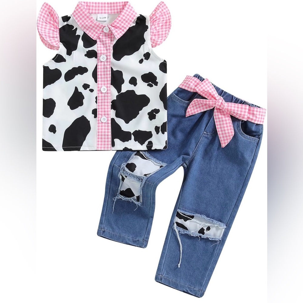 Cow Print Top and Denim Jeans Set with bows